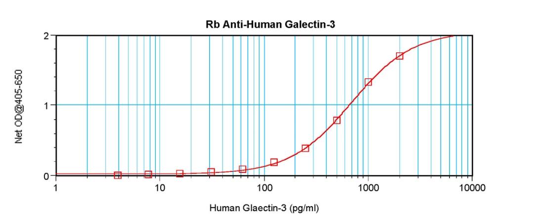 To detect hGalectin-3 by sandwich ELISA (using 100 ul/well antibody solution) a concentration of 0.5 - 2.0 ug/ml of this antibody is required. This antigen affinity purified antibody, in conjunction with ProSci’s Biotinylated Anti-Human Galectin-3 (38-171