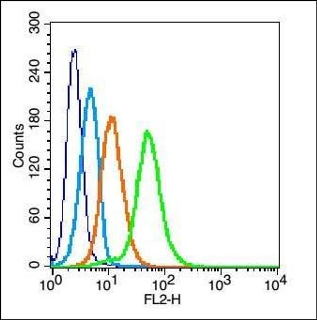 Flow cytometric analysis of U937 cell (blue) using IL3 alpha Receptor antibody.