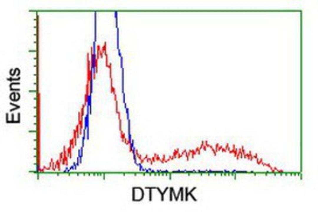 Flow Cytometry: DTYMK Antibody (1G8) [NBP2-01184] - HEK293T cells transfected with either overexpression plasmid (Red) or empty vector control plasmid (Blue) were immunostained by anti-DTYMK antibody, and then analyzed by flow cytometry.