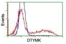 Flow Cytometry: DTYMK Antibody (1G8) [NBP2-01184] - HEK293T cells transfected with either overexpression plasmid (Red) or empty vector control plasmid (Blue) were immunostained by anti-DTYMK antibody, and then analyzed by flow cytometry.