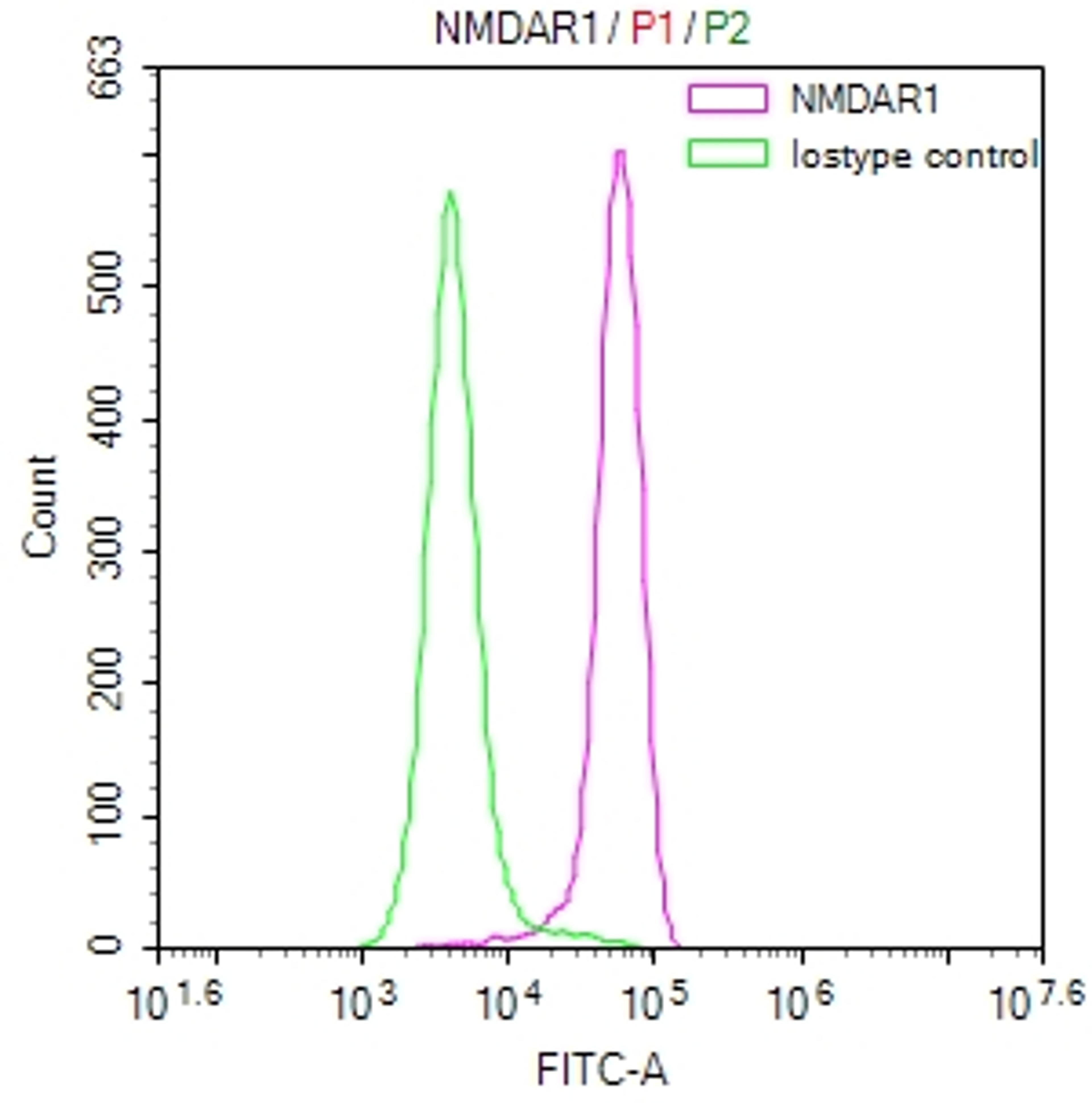 Overlay Peak curve showing SH-SY5Y cells stained with CSB-RA904344A0HU (red line) at 1:50. The cells were fixed in 4% formaldehyde and permeated by 0.2% TritonX-100. Then 10% normal goat serum to block non-specific protein-protein interactions followed by the antibody (1µg/1*10<sup>6</sup>cells) for 45min at 4℃. The secondary antibody used was FITC-conjugated Goat Anti-rabbit IgG(H+L) at 1:200 dilution for 35min at 4℃.Control antibody (green line) was rabbit IgG (1µg/1*10<sup>6</sup>cells) used under the same conditions. Acquisition of >10,000 events was performed.