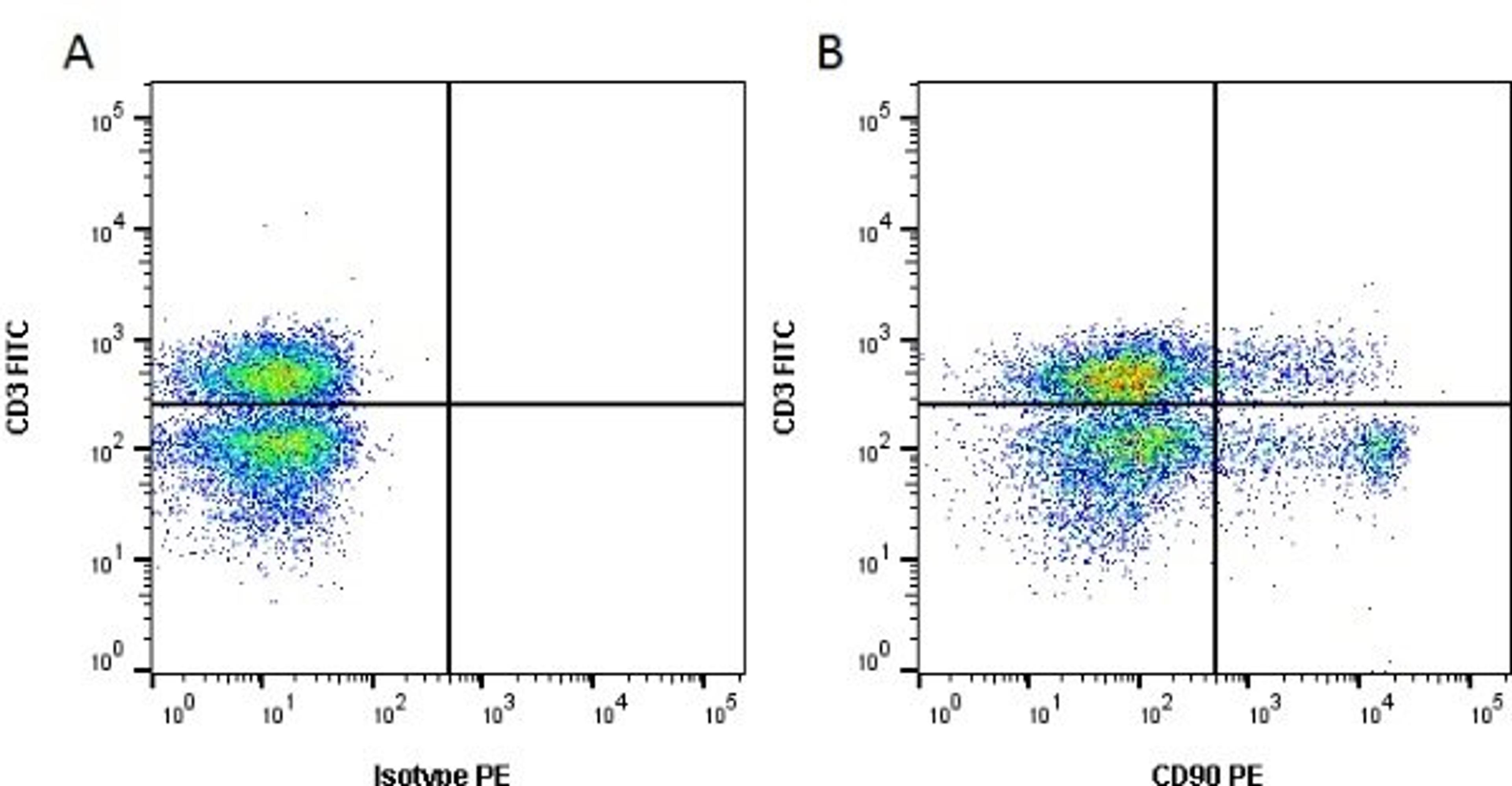 Figure A. Mouse anti Rat CD3 (MCA772F). Figure B. Mouse anti Rat CD3 and Mouse anti Rat CD90.