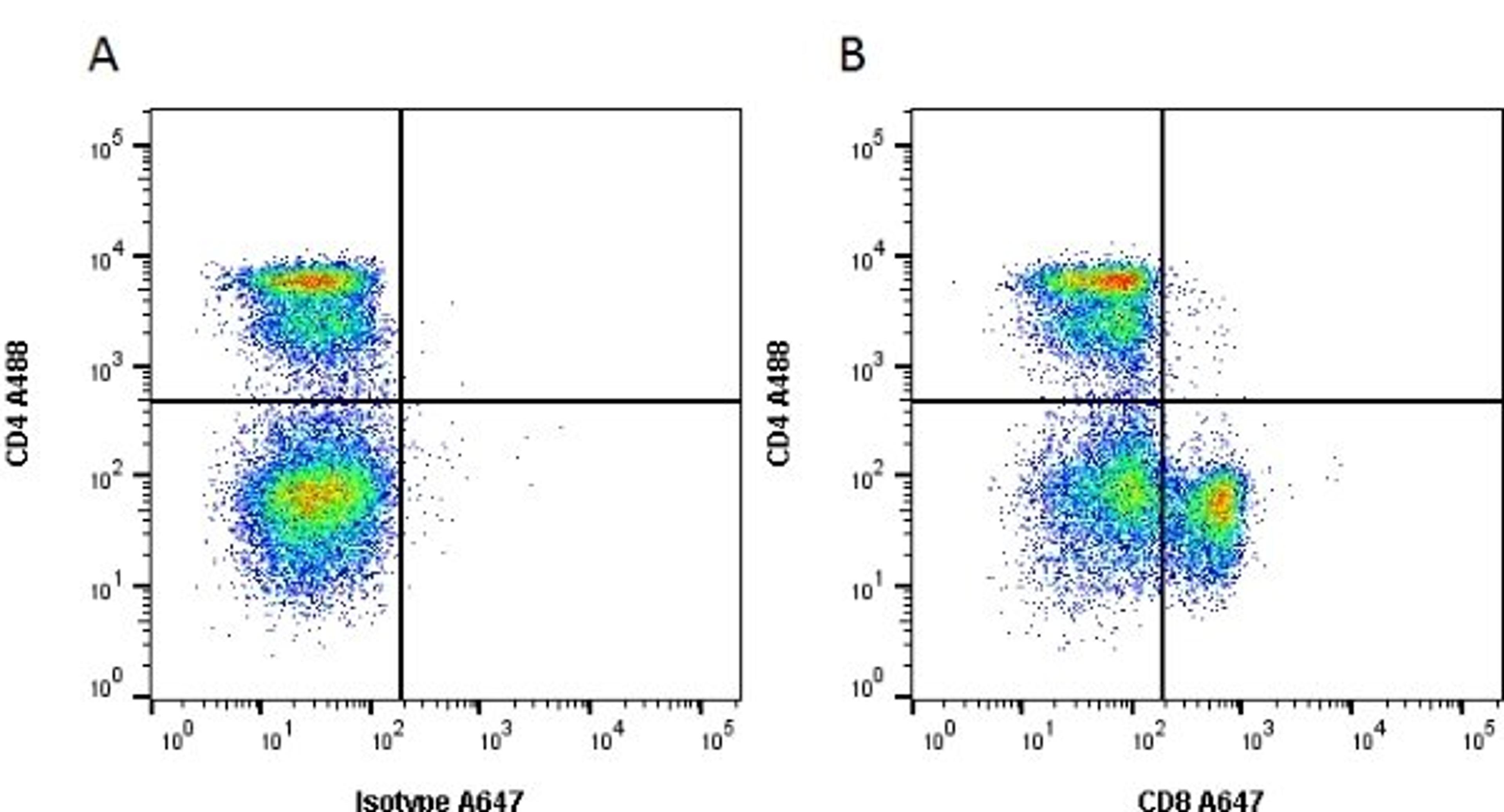 Figure A. Mouse anti Rat CD4. Figure B.Mouse anti Rat CD4 and Mouse anti Rat CD8. 