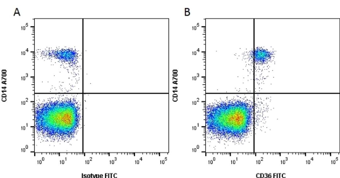 Figure A. Mouse anti Human CD14. Figure B. Mouse anti Human CD14 and Mouse anti Human CD36.