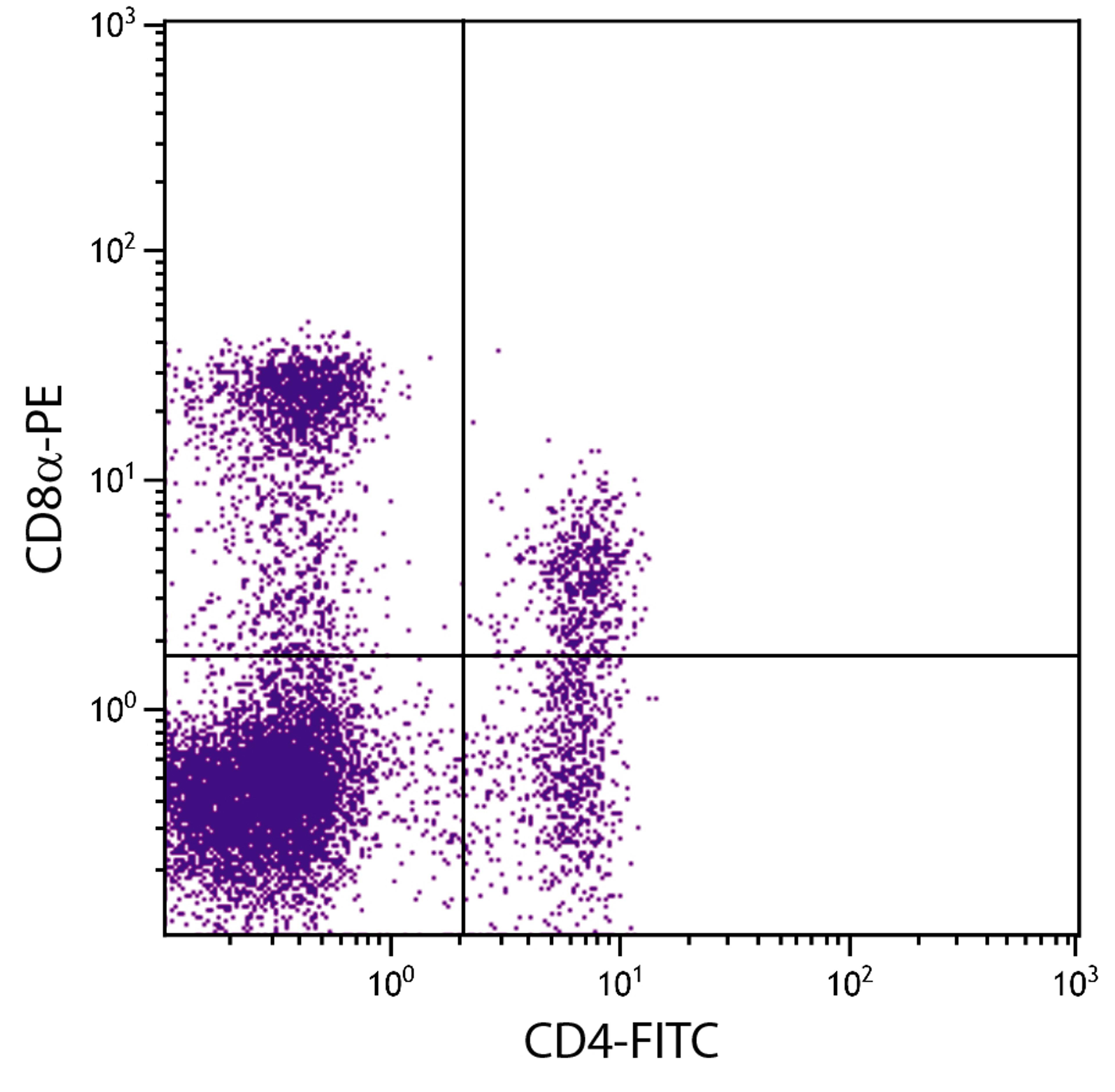 Porcine peripheral blood lymphocytes were stained with Mouse Anti-Porcine CD8?-PE (Cat. No. 99-151) and Mouse Anti-Porcine CD4-FITC .