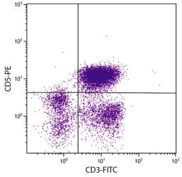 Chicken peripheral blood mononuclear cells were stained with Mouse Anti-Chicken CD5-PE (Cat. No. 99-289) and Mouse Anti-Chicken CD3-FITC .