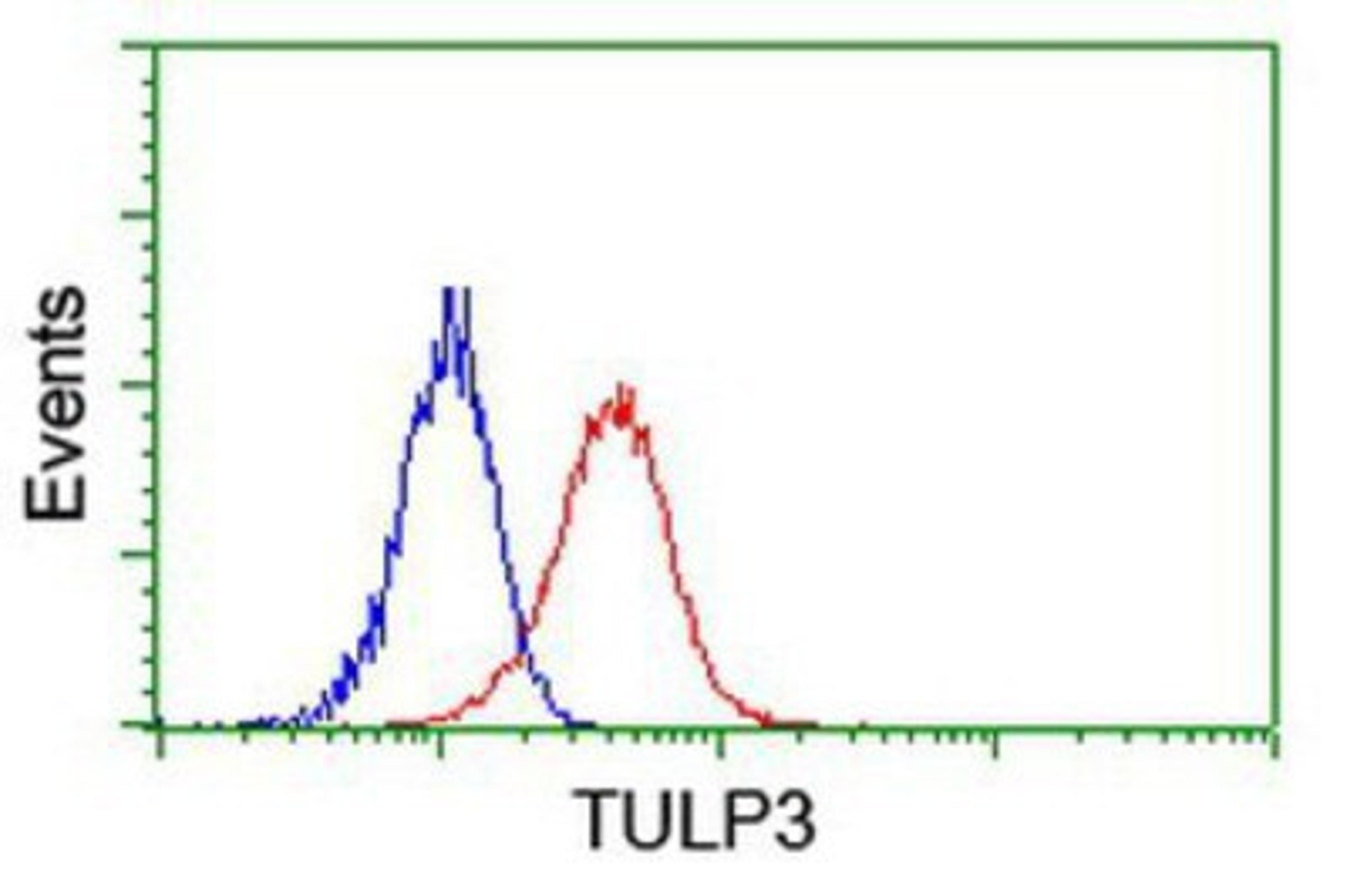 Flow Cytometry: TULP3 Antibody (7B8) [NBP2-01671] - Analysis of Jurkat cells, using anti-TULP3 antibody, (Red), compared to a nonspecific negative control antibody (Blue).