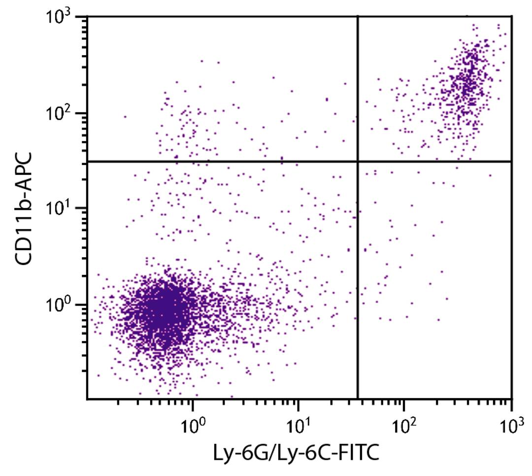 BALB/c mouse splenocytes were stained with Rat Anti-Mouse CD11b-APC (Cat. No. 98-636) and Rat Anti-Mouse Ly-6G/Ly-6C-FITC .