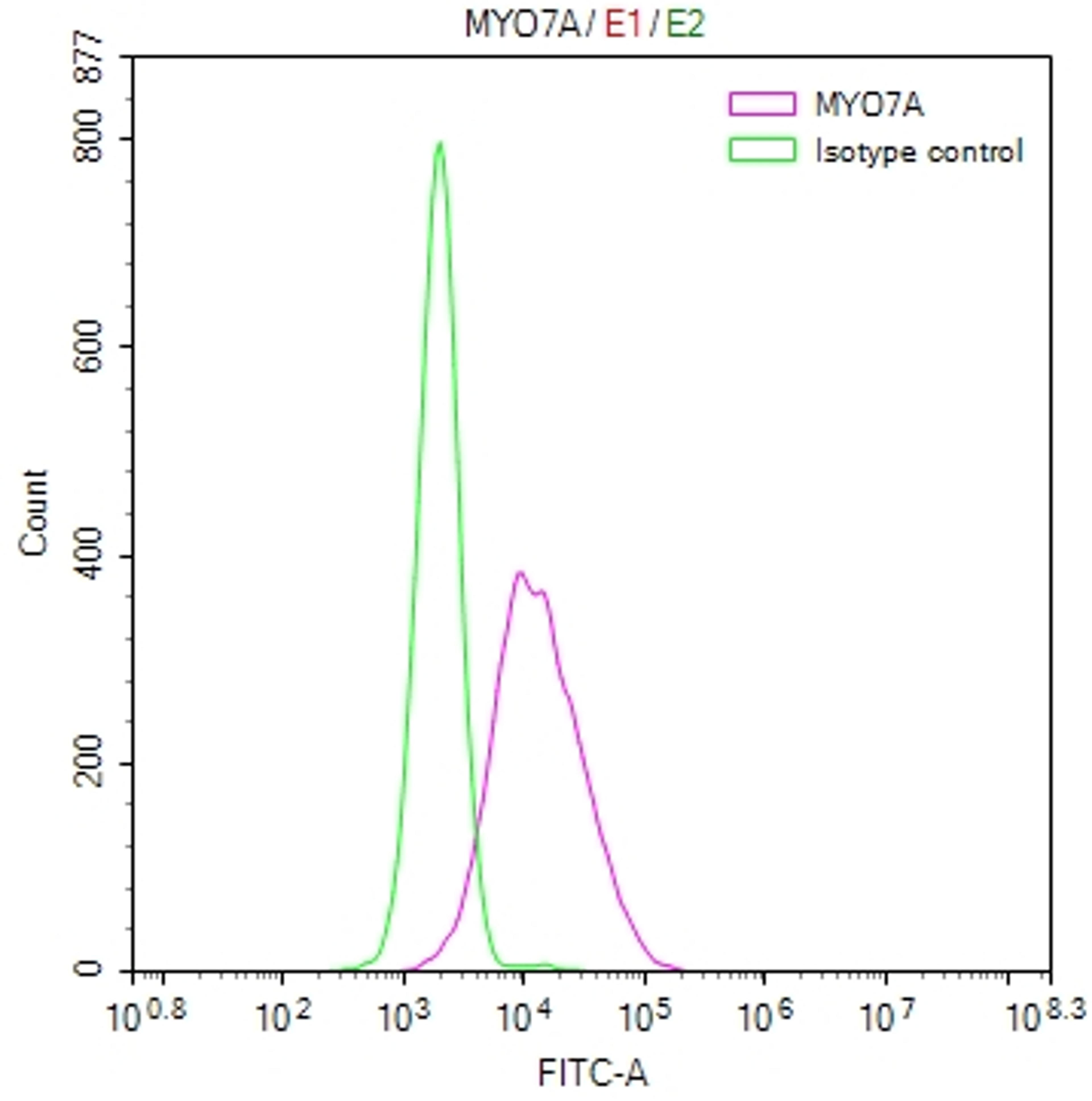 Overlay Peak curve showing HepG2 cells stained with CSB-RA250599A0HU (red line) at 1:50. The cells were fixed in 4% formaldehyde and permeated by 0.2% TritonX-100. Then 10% normal goat serum to block non-specific protein-protein interactions followed by the antibody (1µg/1*10<sup>6</sup>cells) for 45min at 4℃. The secondary antibody used was FITC-conjugated Goat Anti-rabbit IgG(H+L) at 1:200 dilution for 35min at 4℃.Control antibody (green line) was rabbit IgG (1µg/1*10<sup>6</sup>cells) used under the same conditions. Acquisition of >10,000 events was performed.