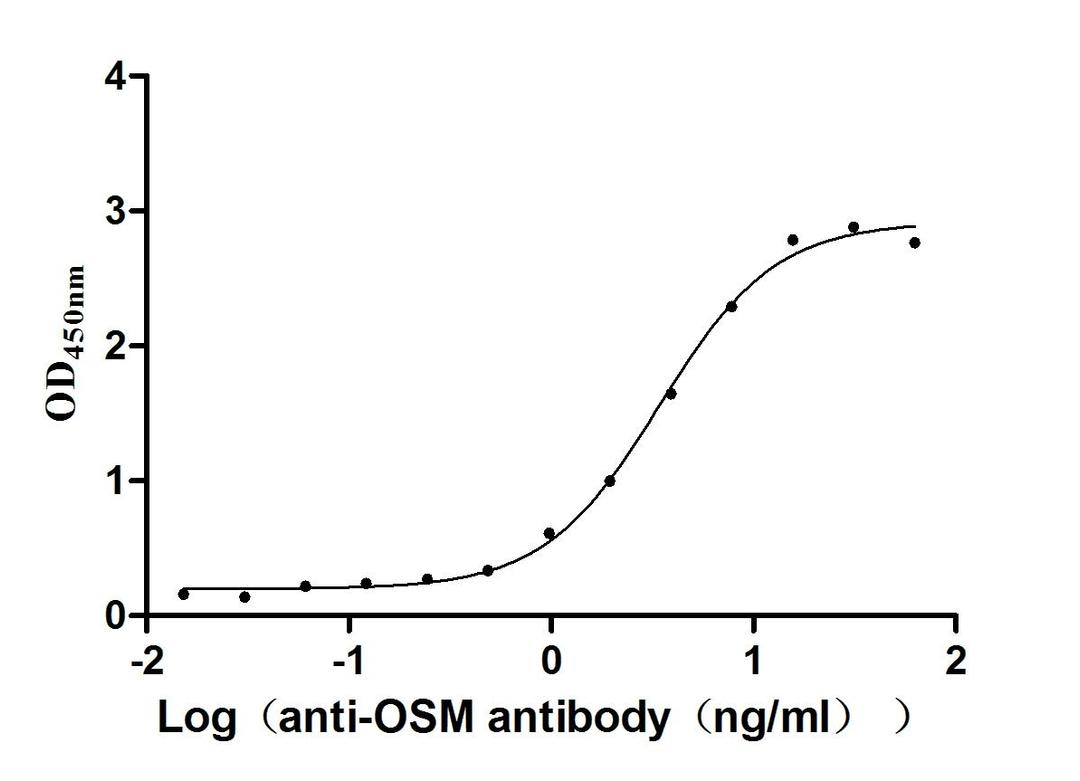 The Binding Activity of Human OSM with Anti-OSM Recombinant Antibody. Activity: Measured by its binding ability in a functional ELISA. Immobilized Human OSM (CSB-MP017260HU1) at 2 μg/mL can bind Anti-OSM recombinant antibody, the EC<sub>50</sub> is 3.048-3.860 ng/mL.