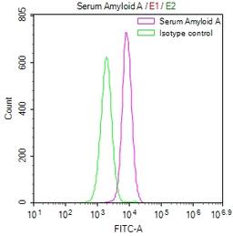 Overlay Peak curve showing HepG2 cells stained with CSB-RA123000A0HU (red line) at 1:50. The cells were fixed in 4% formaldehyde and permeated by 0.2% TritonX-100. Then 10% normal goat serum to block non-specific protein-protein interactions followed by the antibody (1µg/1*10<sup>6</sup>cells) for 45min at 4℃. The secondary antibody used was FITC-conjugated Goat Anti-rabbit IgG(H+L) at 1:200 dilution for 35min at 4℃.Control antibody (green line) was rabbit IgG (1µg/1*10<sup>6</sup>cells) used under the same conditions. Acquisition of >10,000 events was performed.
