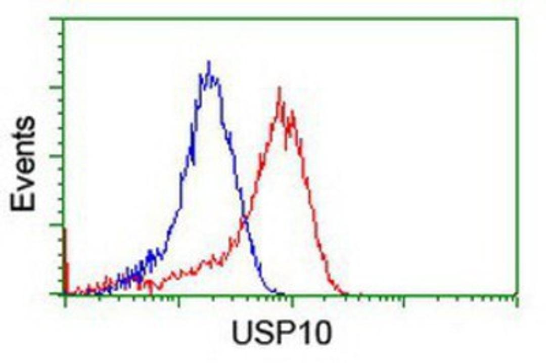 Flow Cytometry: USP10 Antibody (2E1) [NBP2-01452] - Analysis of Hela cells, using anti-USP10 antibody, (Red), compared to a nonspecific negative control antibody (Blue).