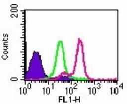 Flow Cytometry: TLR9 Antibody (26C593.2) [Azide Free] [NBP2-24863] - Intracellular flow analysis of TLR9 in Ramos cells using 0.5 ug of this antibody. Shaded histogram represents Ramos cells without antibody; green represents isotype control; purple represents anti-TLR9 antibody.