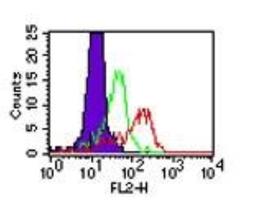 Flow (Intracellular): TLR4 Antibody (HTA125) [Azide Free] [NB100-56727] - Analysis using the PE conjugate of NB100-56727. Staining of TLR4 in human PBMCs using NB100-56062 at 0.5 ug/10^6 cells. The shaded histogram represents cells without anti-TLR4 antibody; green represents the isotype control; red represents Nb100-56062, ant