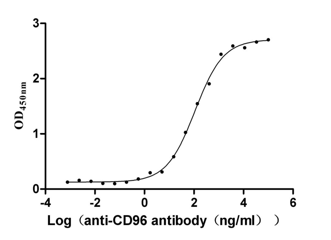 The Binding Activity of CD96 with anti-CD96 antibody. Activity: Measured by its binding ability in a functional ELISA. Immobilized Human CD96(CSB-MP004971HU1(F2)) at 2 μg/mL can bind Anti-CD96 recombinant antibody, the EC<sub>50</sub> is 95.78-127.1 ng/mL.
