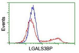 Flow Cytometry: LGALS3BP Antibody (6B7) [NBP2-01160] - HEK293T cells transfected with either overexpression plasmid (Red) or empty vector control plasmid (Blue) were immunostained by anti-LGALS3BP antibody, and then analyzed by flow cytometry.