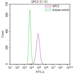 Overlay Peak curve showing THP-1 cells stained with CSB-RA009705MA1HU (red line) at 1:100. Then 10% normal goat serum was Incubated to block non-specific protein-protein interactions followed by the antibody (1µg/1*10<sup>6</sup>cells) for 45 min at 4°C. The secondary antibody used was FITC-conjugated Goat Anti-Mouse IgG(H+L) at 1/200 dilution for 35 min at 4°C. Isotype control antibody (green line) was mouse IgG1 (1µg/1*10<sup>6</sup>cells) used under the same conditions. Acquisition of >10, 010 events was performed.