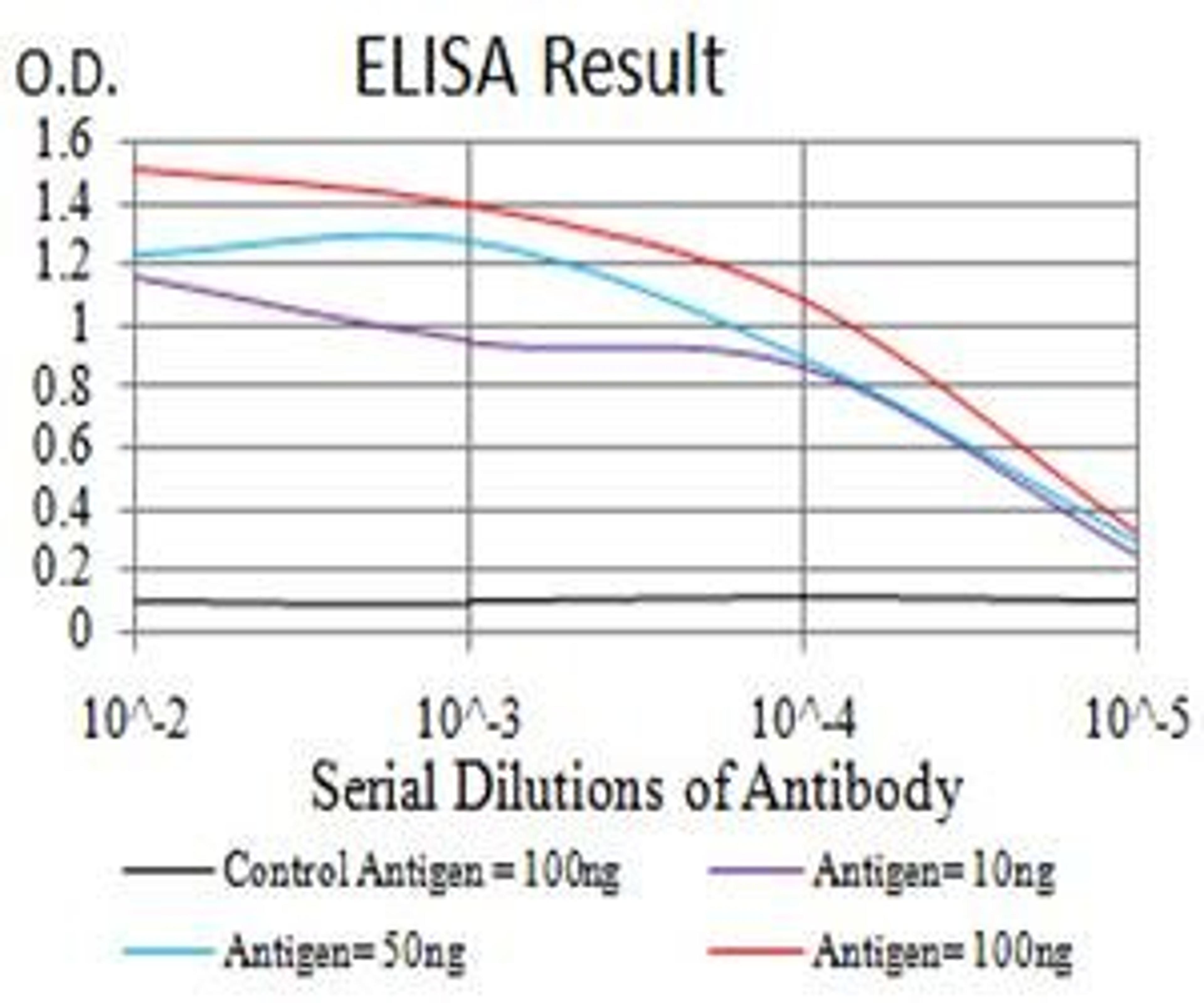 Line graph illustrates about the Ag-Ab reactions using different concentrations of antigen and serial dilutions of SYN1 antibody