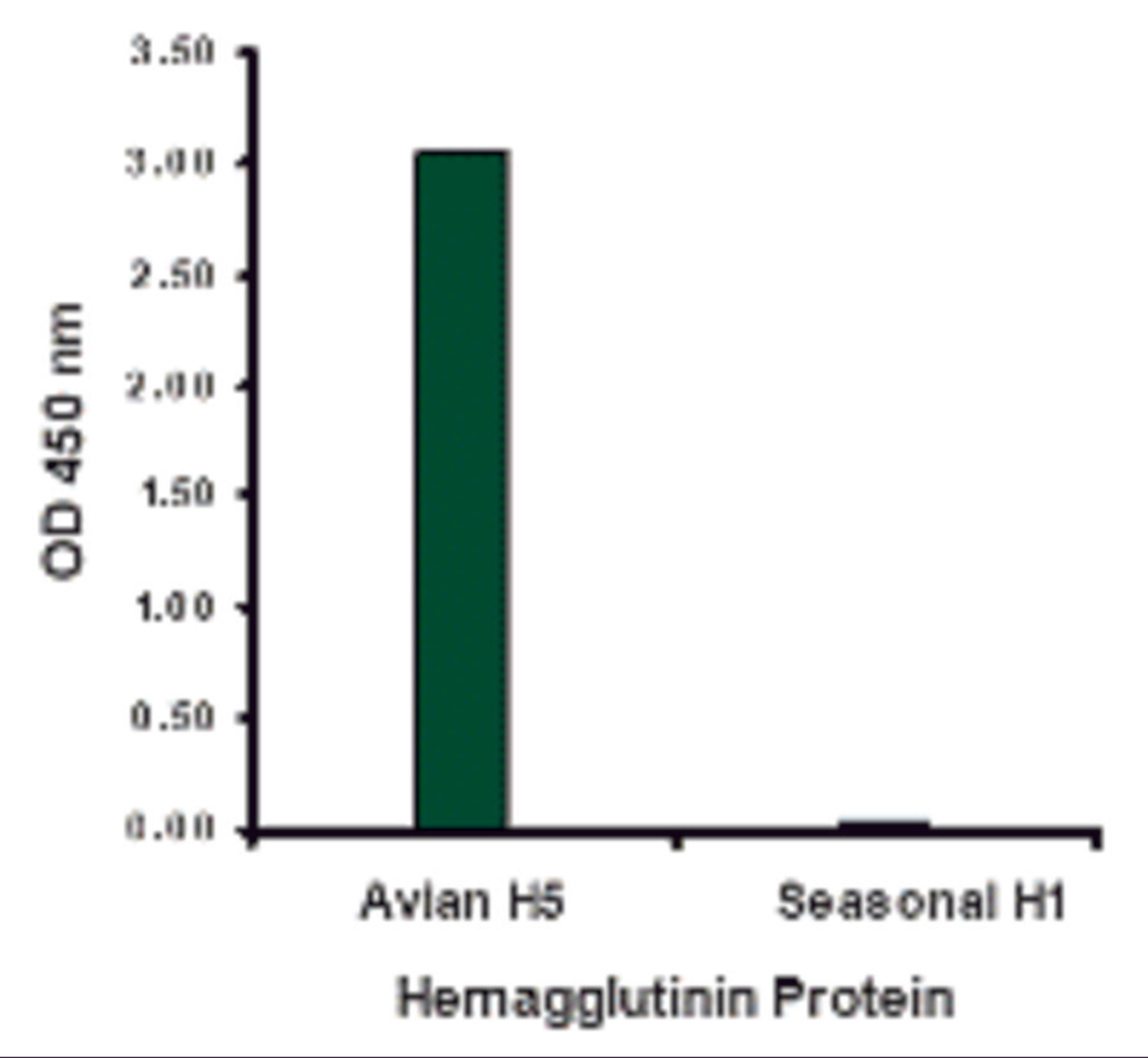Hemagglutinin antibody at 2 μg/mL specifically recognizes Avian H5N1 influenza virus but not seasonal influenza virus A H1N1 Hemagglutinin protein.