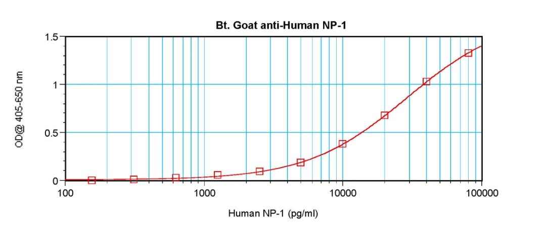 To detect hNP-1 by sandwich ELISA (using 100 ul/well antibody solution) a concentration of 0.25 – 1.0 ug/ml of this antibody is required. This biotinylated polyclonal antibody, in conjunction with ProSci’s Polyclonal Anti-Human NP-1 (XP-5247) as a capture