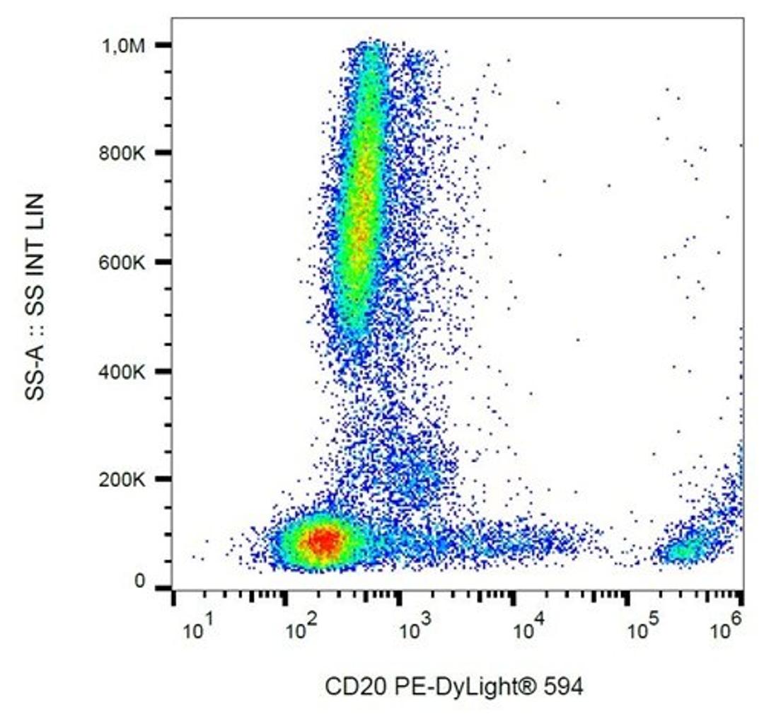 Flow cytometric analysis of human peripheral blood cells using CD20 antibody (PE)