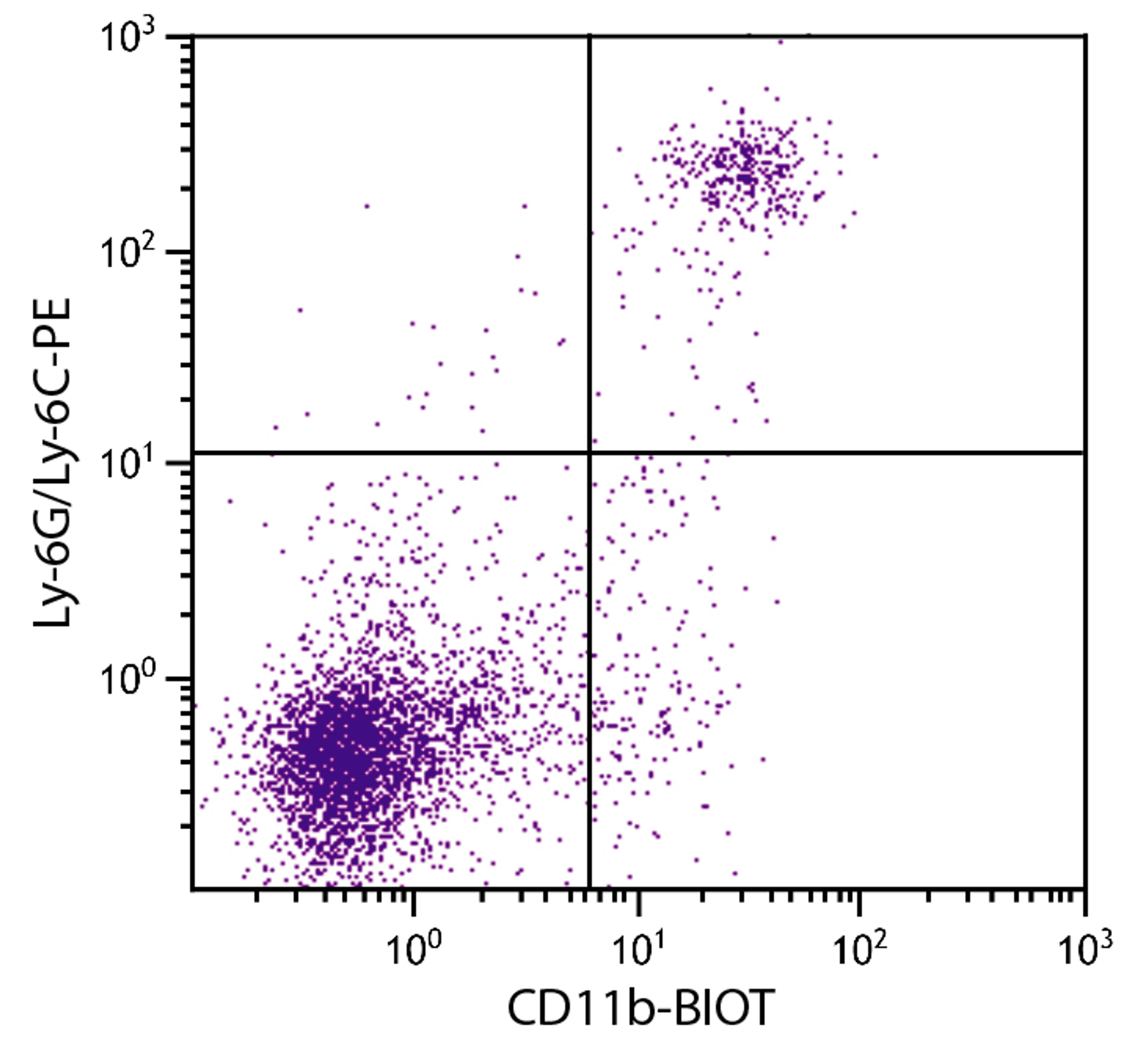 BALB/c mouse splenocytes were stained with Rat Anti-Mouse CD11b-BIOT (Cat. No. 98-644 and Rat Anti-Mouse Ly-6G/Ly-6C-PE followed by Streptavidin-FITC .