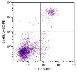 BALB/c mouse splenocytes were stained with Rat Anti-Mouse CD11b-BIOT (Cat. No. 98-644 and Rat Anti-Mouse Ly-6G/Ly-6C-PE followed by Streptavidin-FITC .