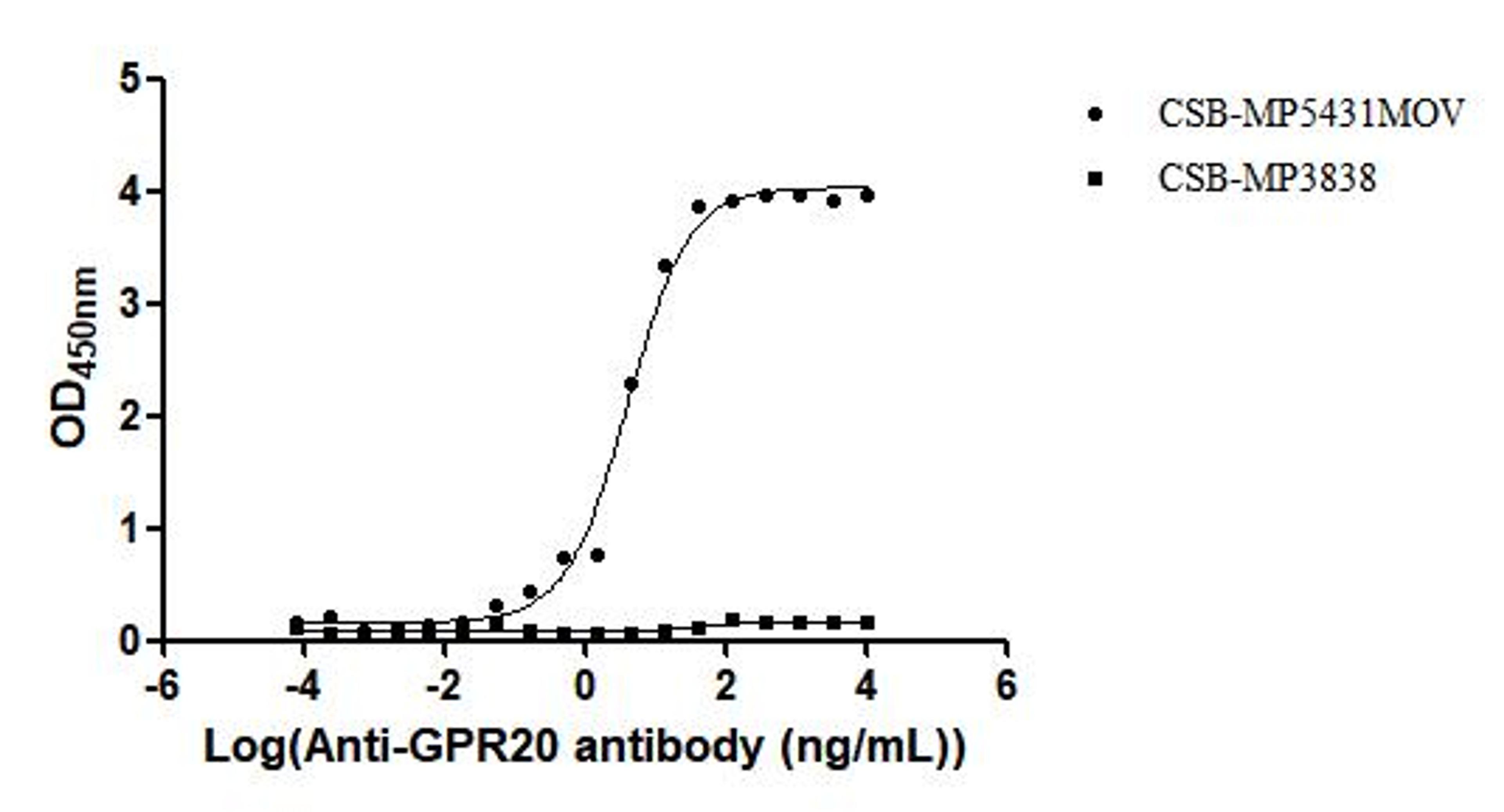 The Binding Activity of Macaca fascicularis GPR20 with Anti-GPR20 recombinant antibody. Activity: Measured by its binding ability in a functional ELISA. Immobilized Macaca fascicularis GPR20(CSB-MP5431MOV ) at 10 μg/mL can bind Anti-GPR20 recombinant antibody. The EC<sub>50</sub> is 3.549 - 6.542 ng/mL.
