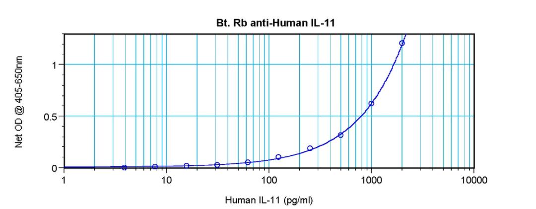 To detect hIL-11 by sandwich ELISA (using 100 ul/well antibody solution) a concentration of 0.25 – 1.0 ug/ml of this antibody is required. This biotinylated polyclonal antibody, in conjunction with ProSci’s Polyclonal Anti-Human IL-11 (XP-5164) as a captu