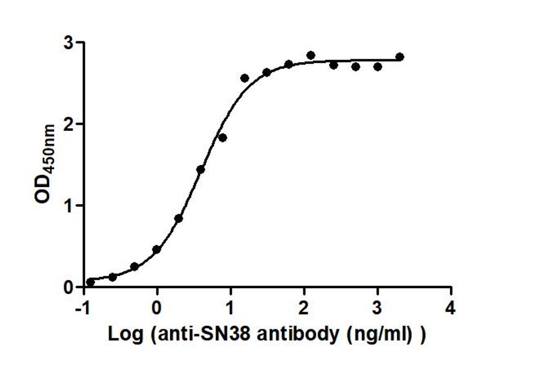 The Binding Activity of Labetuzumab govitecan  (Synonyms: IMMU 130; hMN-14-SN-38) with Anti-SN38 antibody. Activity: Measured by its binding ability in a functional ELISA. Immobilized Labetuzumab govitecan  (Synonyms: IMMU 130; hMN-14-SN-38) at 2 μg/mL can bind Anti-SN38 antibody, the EC<sub>50</sub> is 3.326 to 4.721 ng/mL.