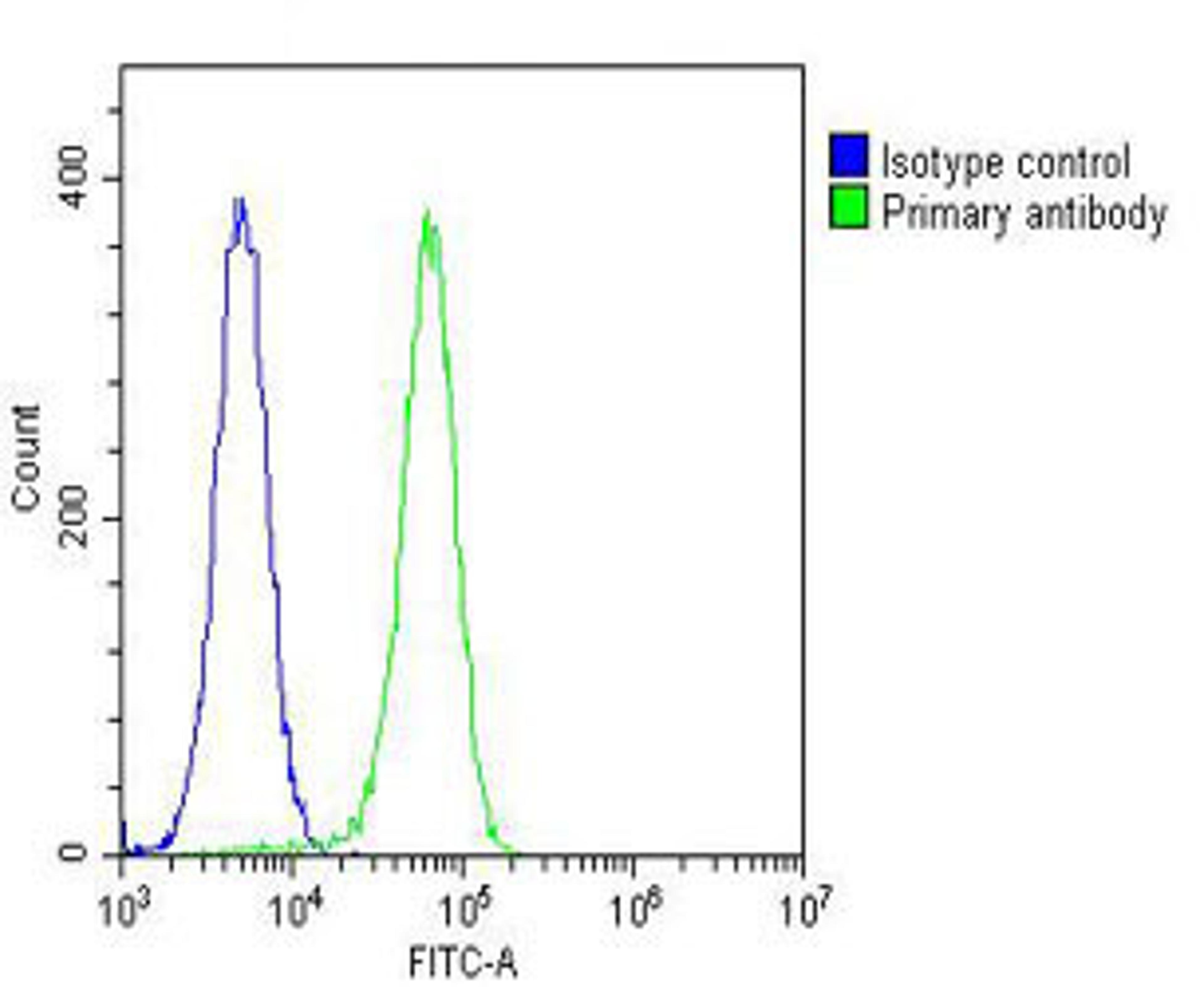 Overlay histogram showing K562 cells stained with Antibody (green line). The cells were fixed with 2% paraformaldehyde (10 min) and then permeabilized with 90% methanol for 10 min. The cells were then icubated in 2% bovine serum albumin to block non-speci