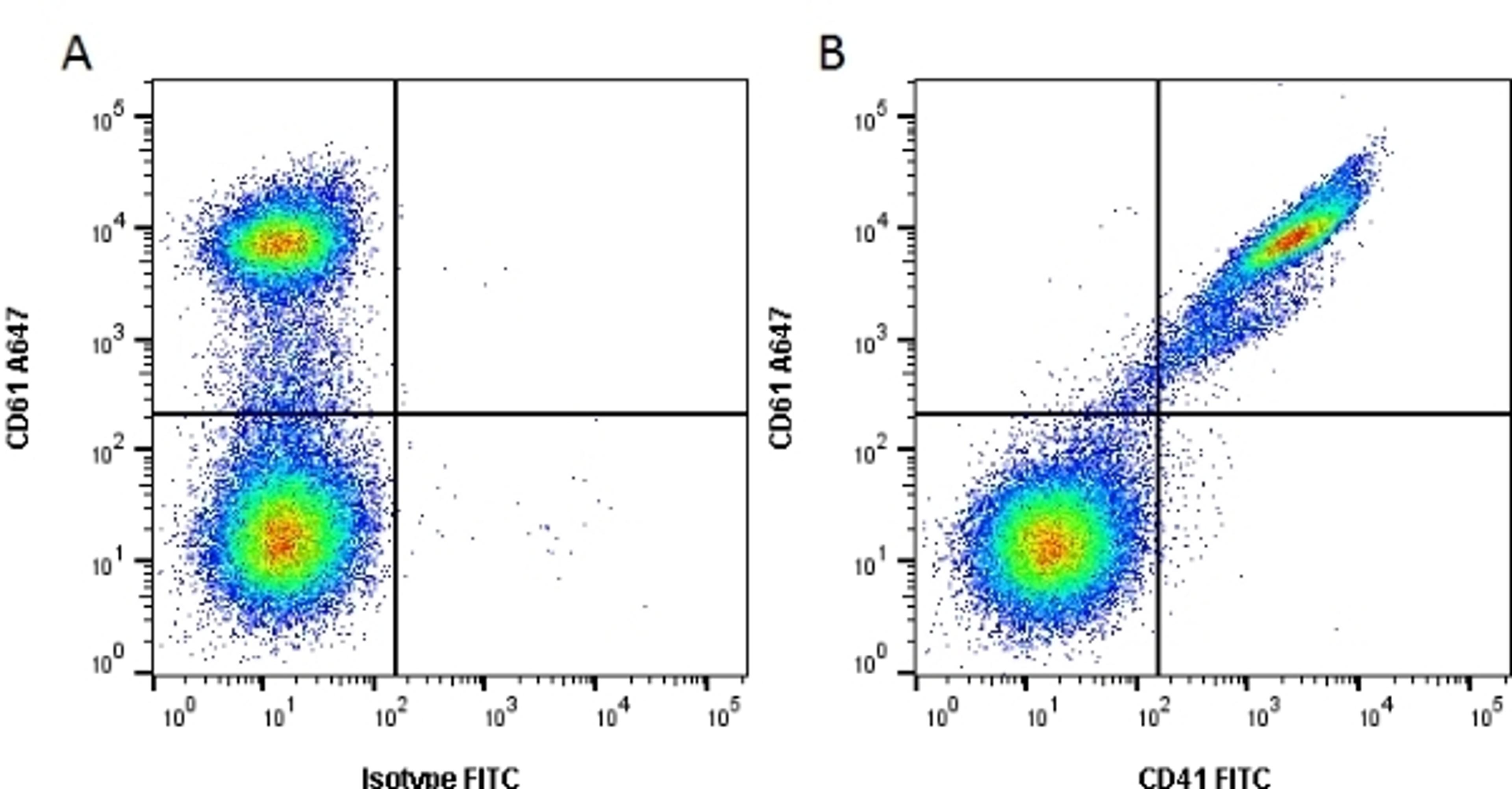 Figure A. Mouse anti Human CD61 . Figure B. Mouse anti Human CD61 and Mouse anti Human CD41.