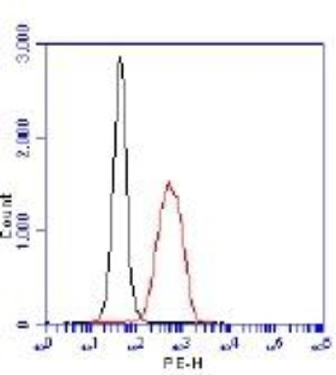 Flow Cytometry: EGLN1/PHD2 Antibody [NB100-137] - Flow cytometric detection of PHD2. 1 million Jurkat cells were fixed, permeabilized, and stained with 3.0 ug/ml anti-PHD2 NB100-137 in a 150 ul reaction. Isotype control (black), anti-MLL1 (red).