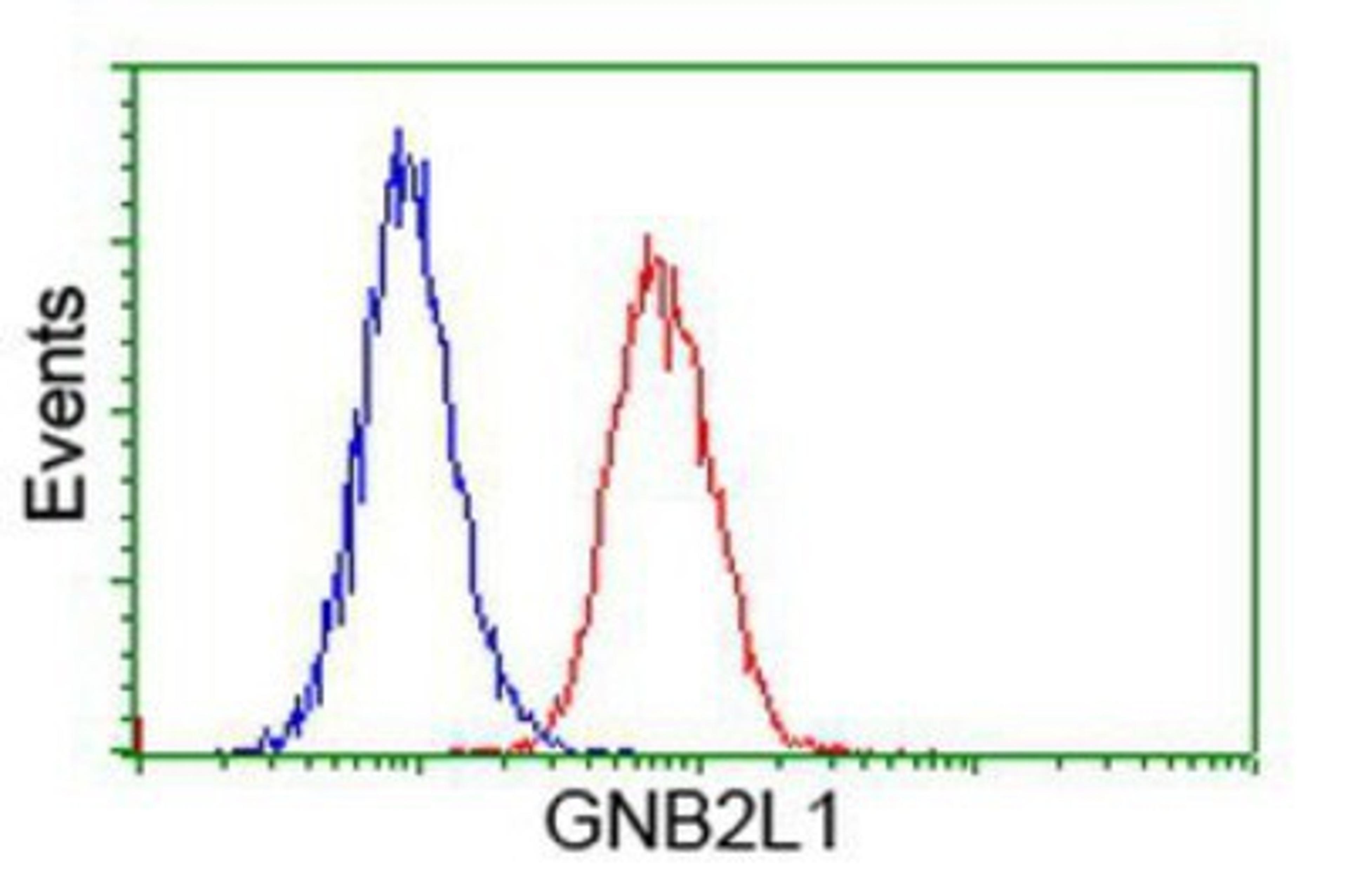 Flow Cytometry: GNB2L1 Antibody (2D8) [NBP2-00612] - Analysis of Hela cells, using anti-GNB2L1 antibody, (Red), compared to a nonspecific negative control antibody (Blue).