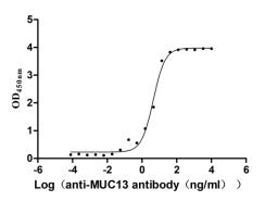 The Binding Activity of Human MUC13 with Anti-MUC13 recombinant antibody. Activity: Measured by its binding ability in a functional ELISA. Immobilized Human MUC13 (CSB-MP887973HU) at 2 μg/mL can bind Anti-MUC13 recombinant antibody. The EC<sub>50</sub> is 3.806-5.269 ng/mL.