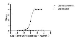 The Binding Activity of Human CCR5 with Anti-CCR5 Recombinant Antibody. Activity: Measured by its binding ability in a functional ELISA. Immobilized Human CCR5 (CSB-MP004844HU) at 10 μg/mL can bind Anti-CCR5 recombinant antibody. The EC<sub>50</sub> is 1.099-1.287 ng/mL.The VLPs (CSB-MP3838) is negative control.