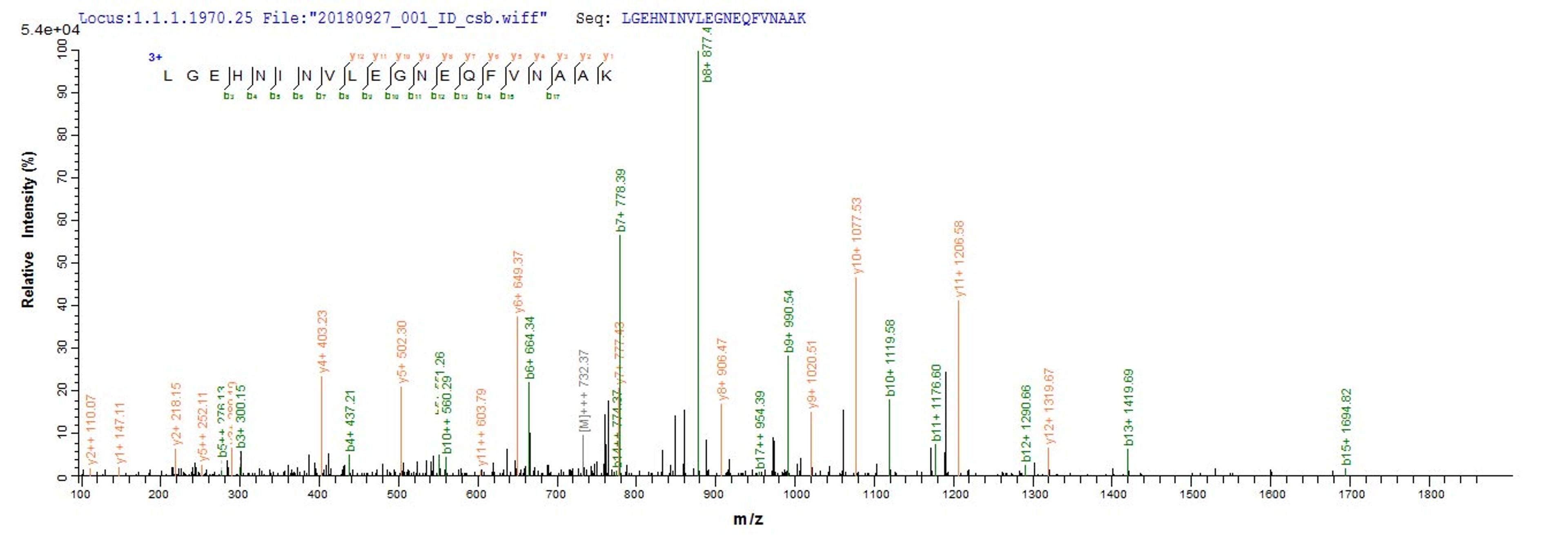 Based on the SEQUEST from database of Yeast host and target protein, the LC-MS/MS Analysis result of CSB-YP018814RA could indicate that this peptide derived from Yeast-expressed Rattus norvegicus (Rat) Prss2.