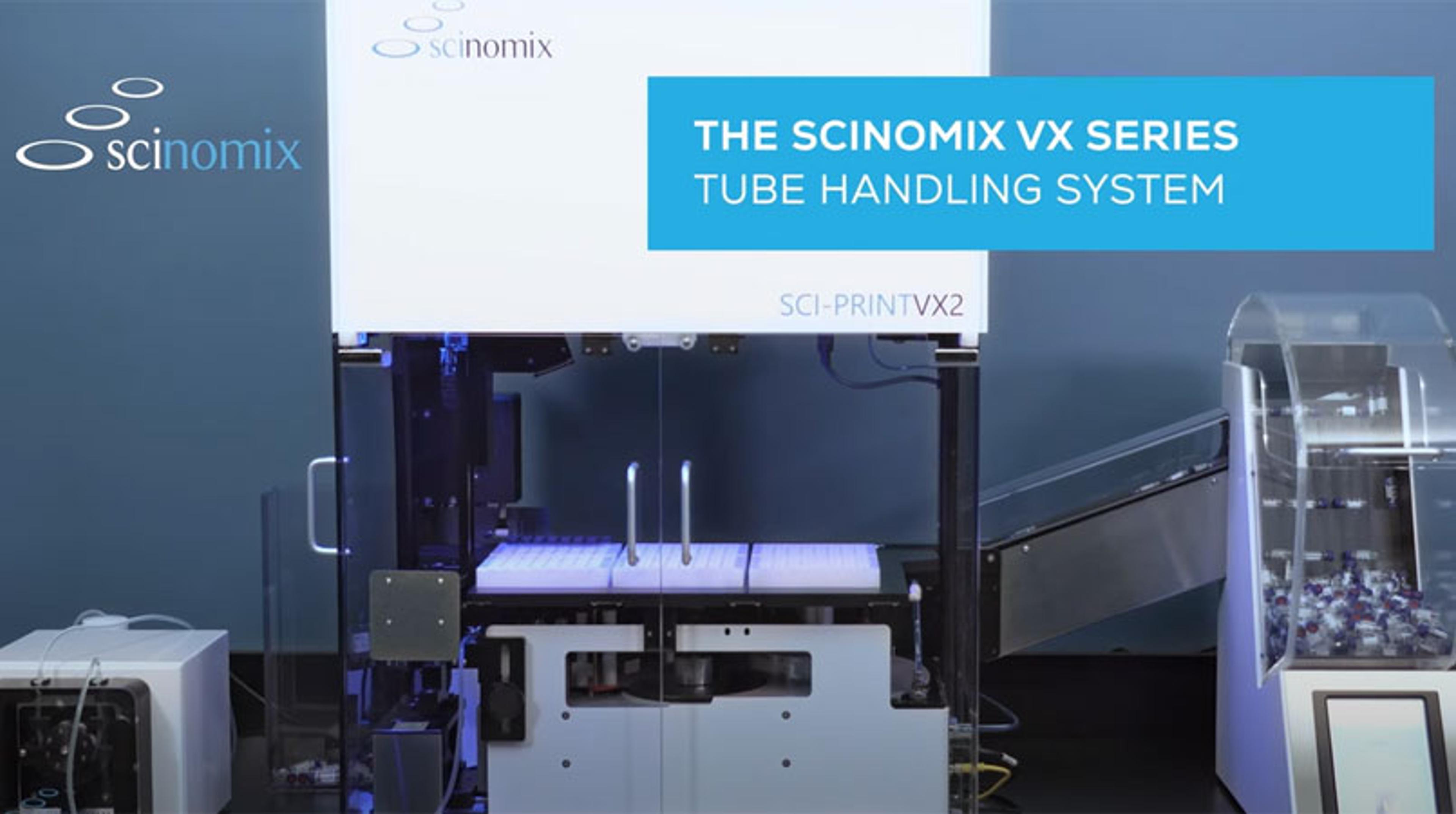 Sci-Print VX2 tube handler with Scinomix VXi bulk tube feeder and Sci-Pump peristaltic pump Sci-Print VX2 tube handler with Scinomix VXi bulk tube feeder and Sci-Pump peristaltic pump
