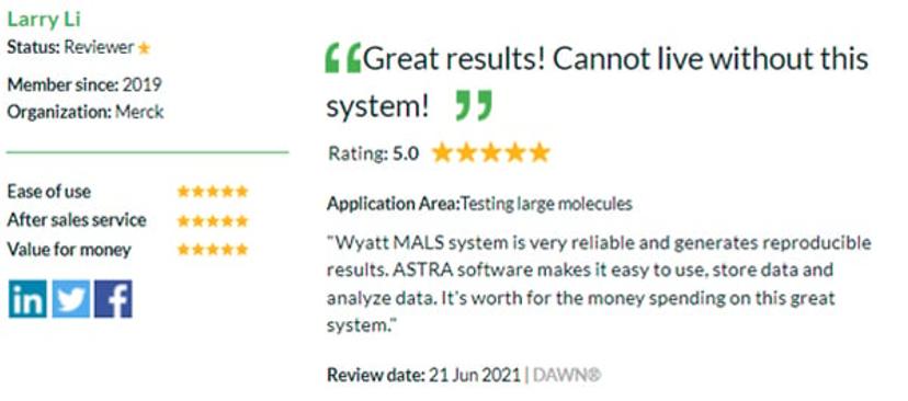 5 star review for the Dawn multi-angle light scattering detector by Wyatt Technology