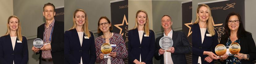 Four Seal of Quality winners being presented their trophies by SelectScience Editor-in-Chief Kerry Parker