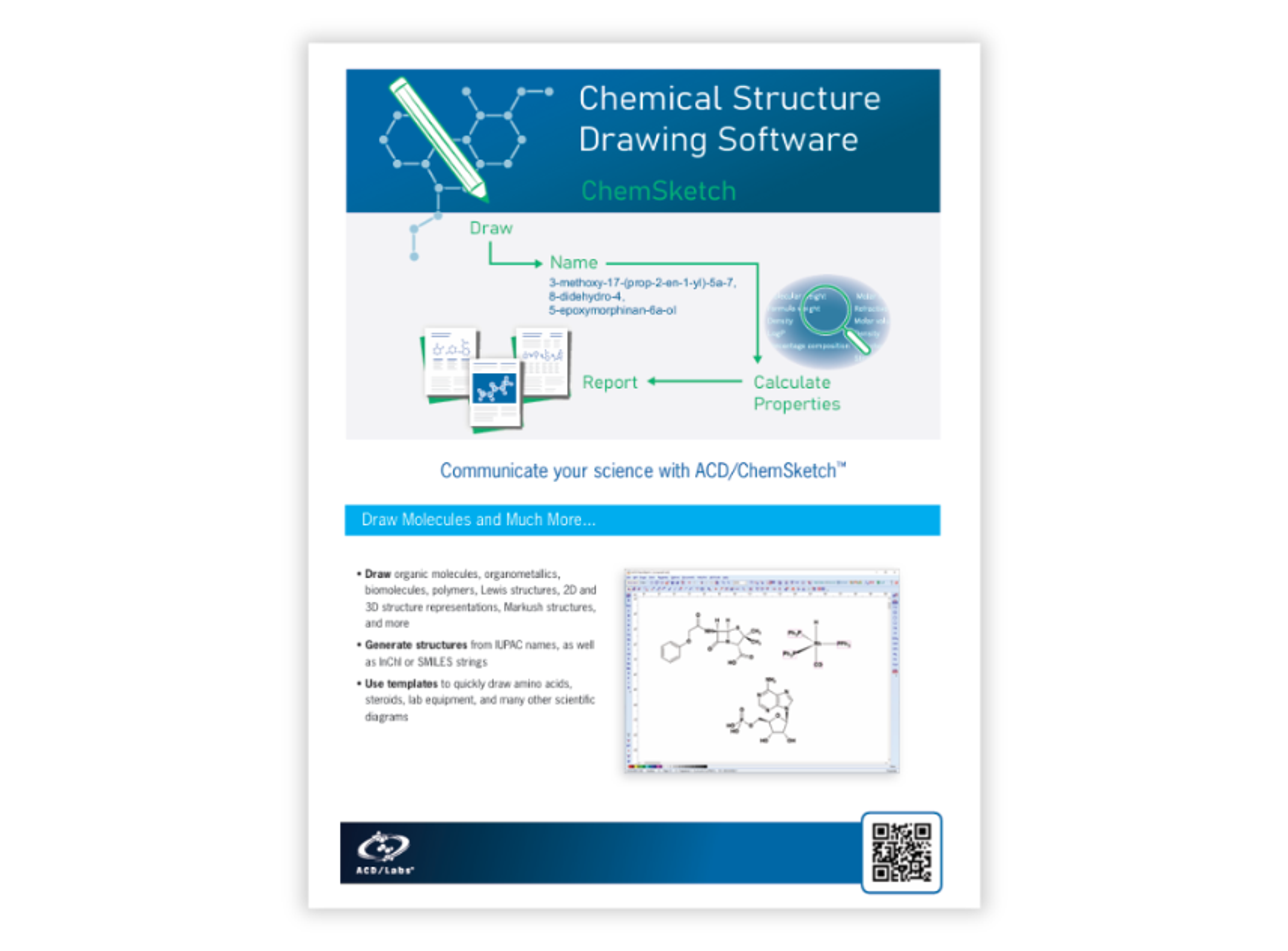 chemical structure drawing, IUPAC naming, reaction schemes, and molecular property calculations