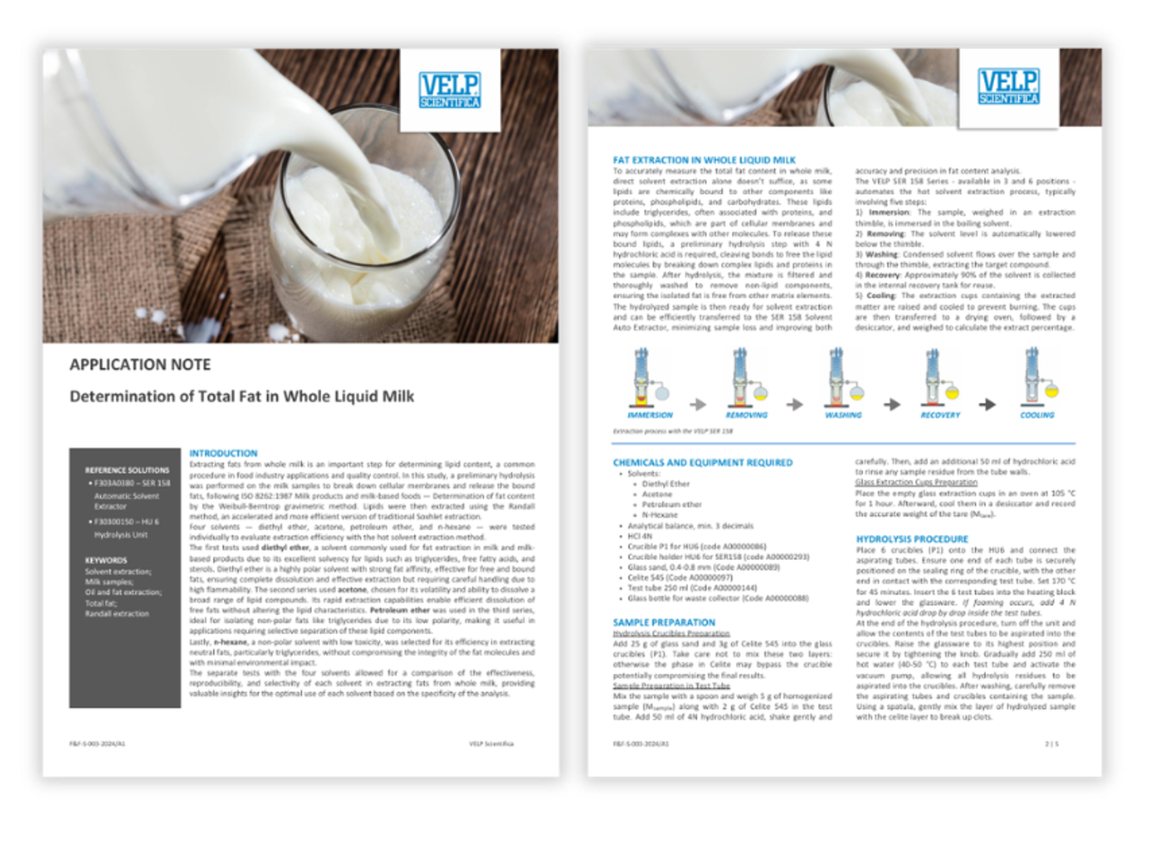 SER 158 Automatic Solvent Extractor used for total fat analysis in whole liquid milk following ISO 8262 methodology