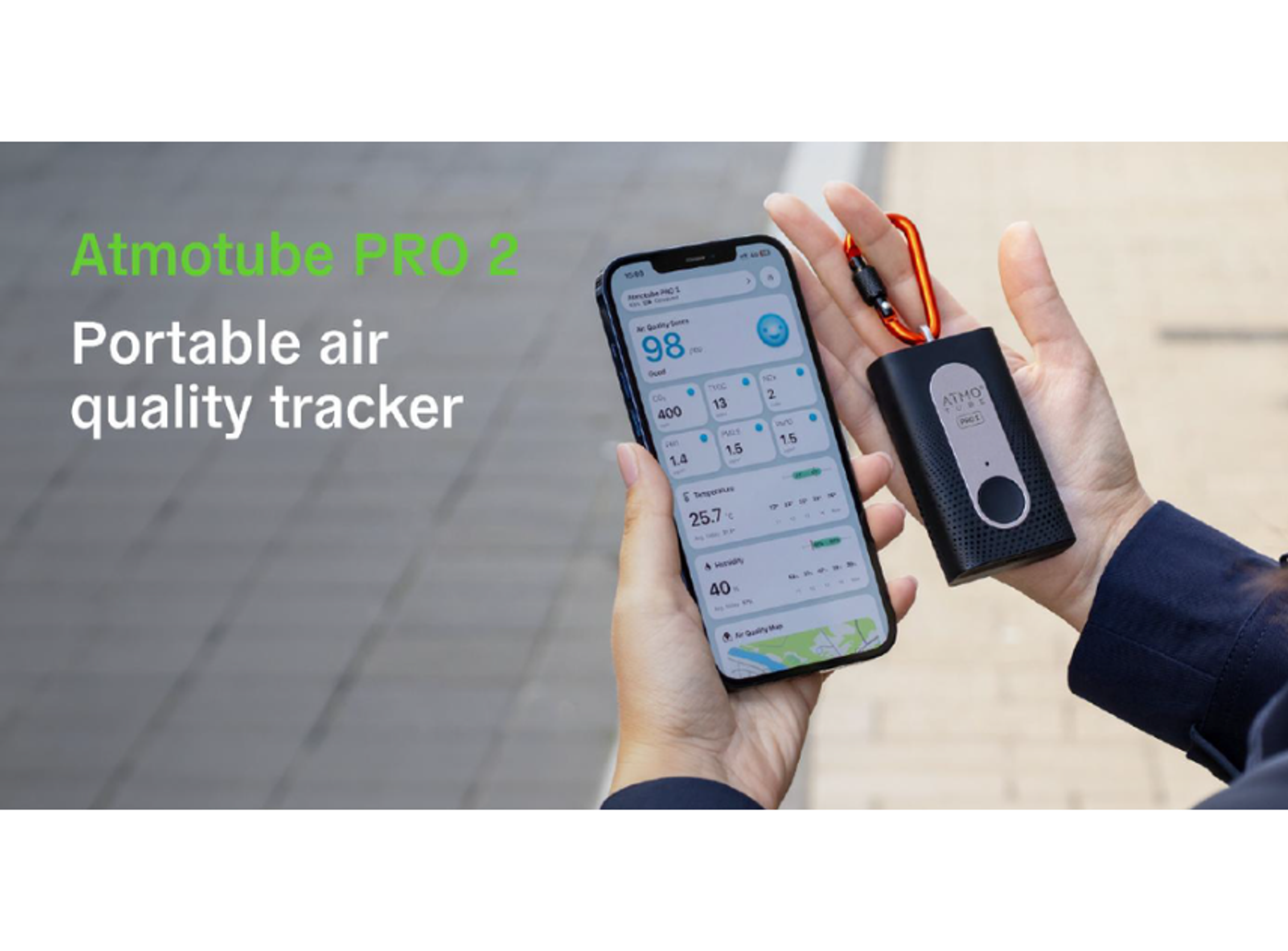 Portable air quality tracker measuring CO₂, particulate matter, VOCs, and environmental conditions