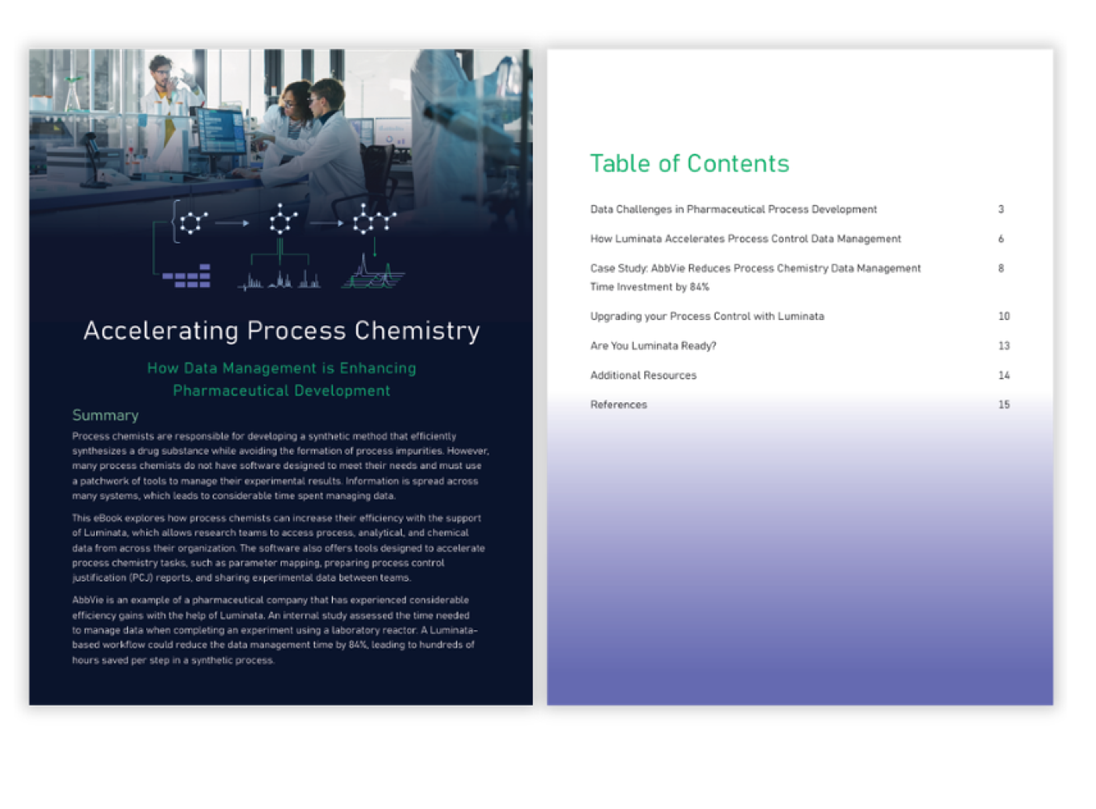 Luminata platform integrating process, analytical, and chemical data to support parameter mapping, process control justification, and technology transfer.