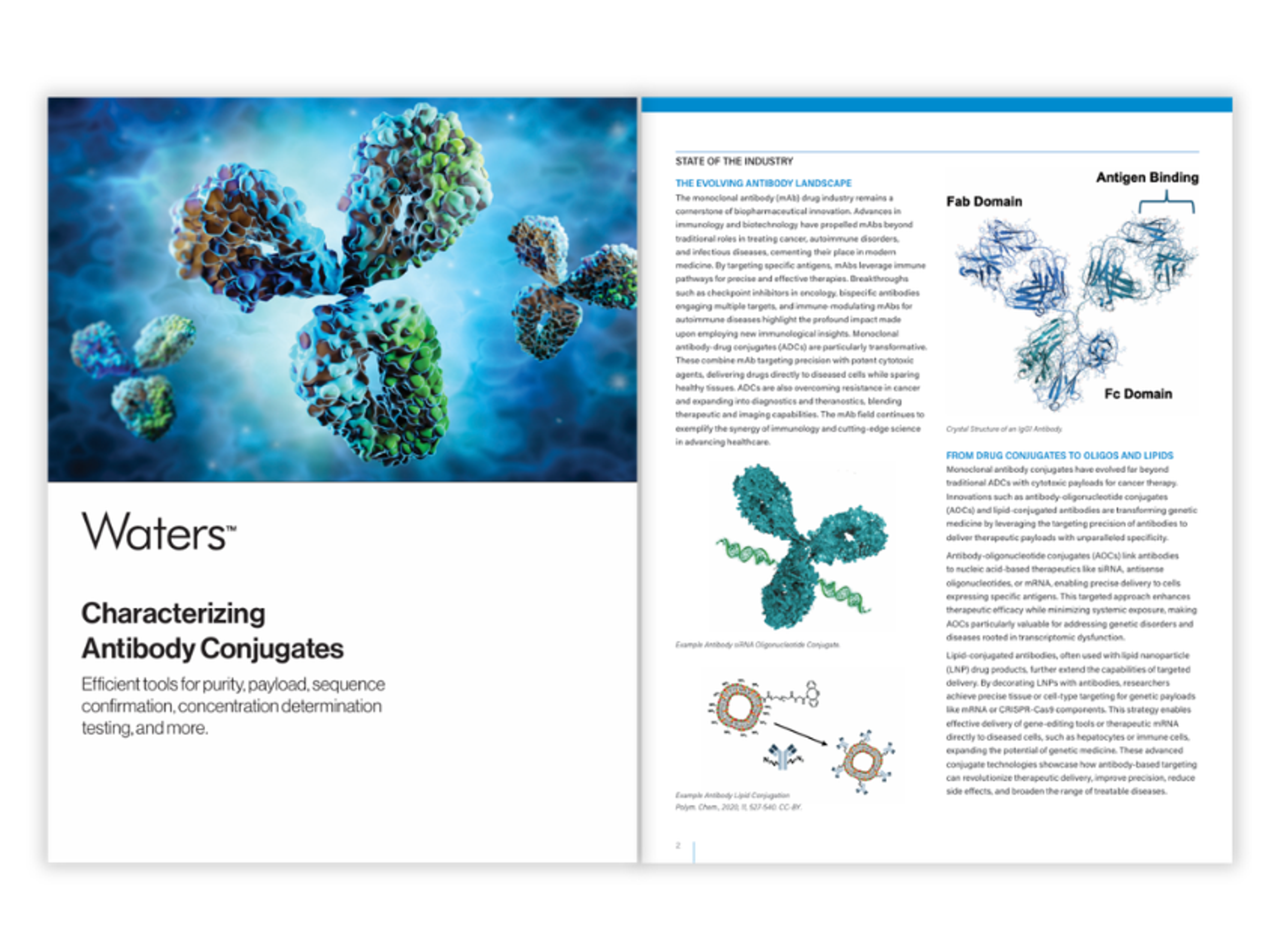 Guidebook cover showing analytical approaches for characterizing antibody conjugates and biopharmaceutical workflows