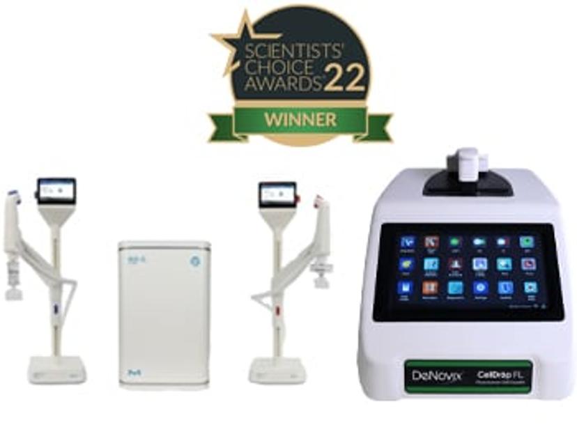 The Milli-Q® IQ 7003/7005/7010/7015 Water Purification System and the CellDrop™ Cell Counters with Scientists' Choice Awards winners badge