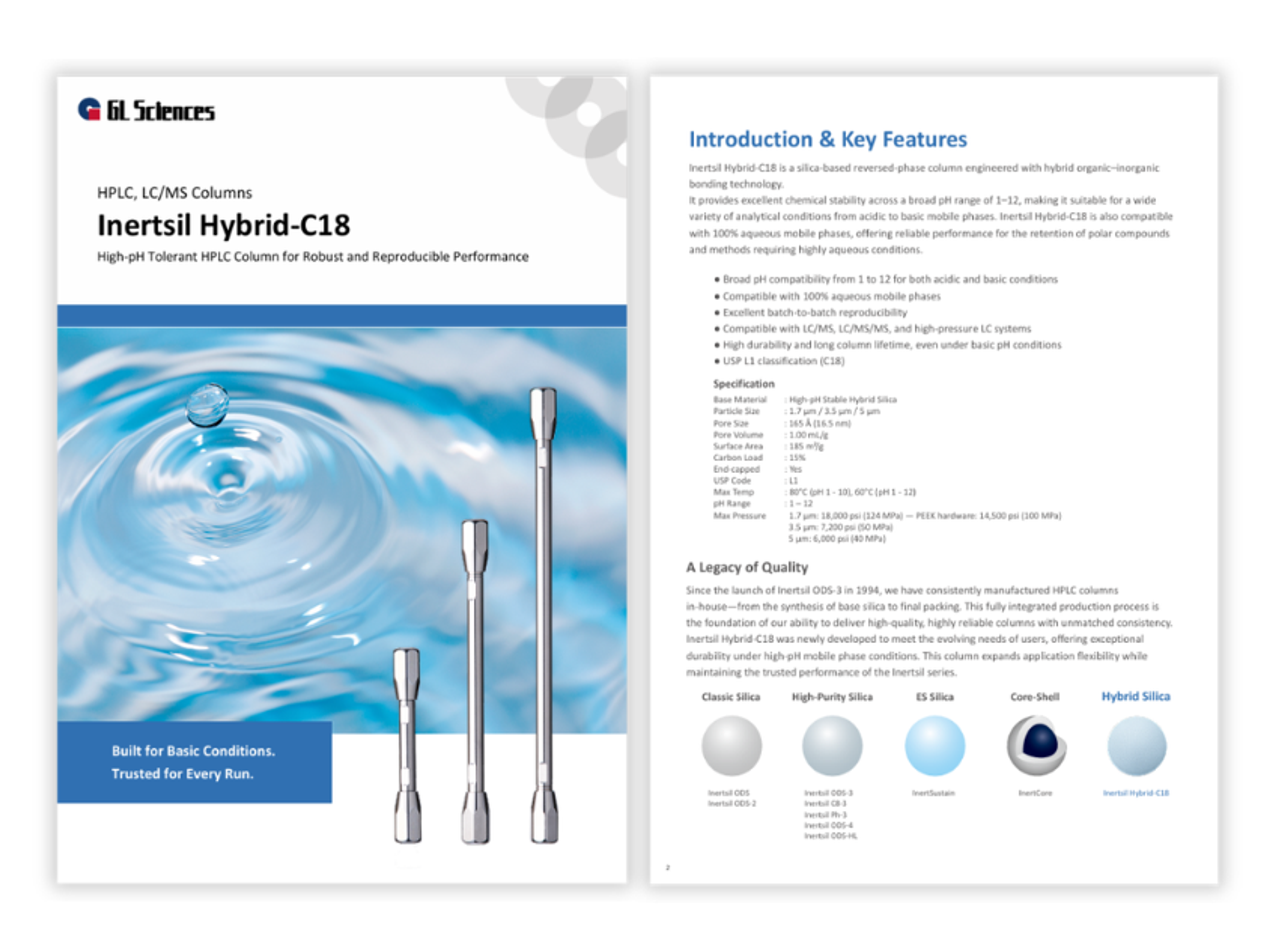 Datasheet showing Inertsil Hybrid-C18 HPLC column and performance chromatograms