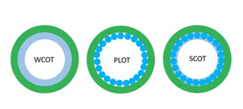 Figure 3: There are three categories of GC columns, depending on the structure of the stationary phase: (i) Wall-coated open  tubular column (WCOT), (ii) Porous-layer open tubular column (PLOT), and (iii) Support-coated open tubular column (SCOT).