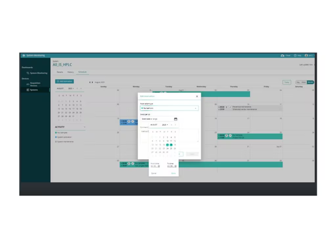 Calendar view of system scheduling functionality showing systems that have been reserved for use.