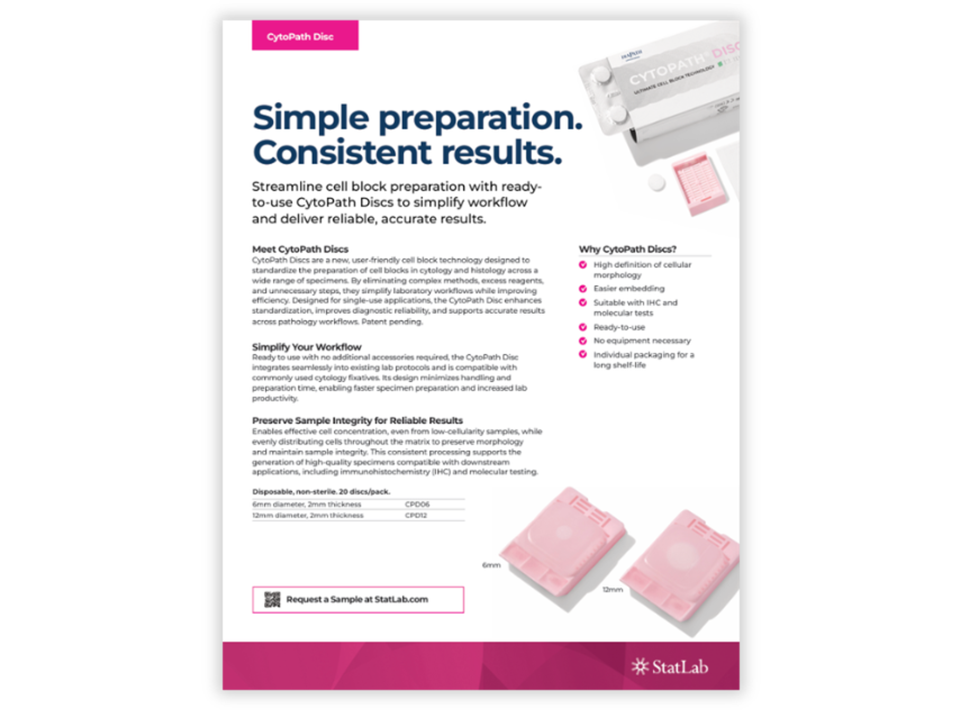 Cytology sample preparation discs at 6 mm and 12 mm formats for cell block processing